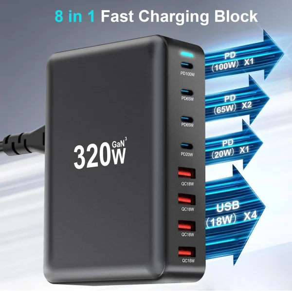 320W-GaN-USB-C-Fast-Charger-Block-8-Port-USB-Charging-Station-Hub-4 320W GaN USB C Fast Charger Block, 8 Port USB Charging Station Hub