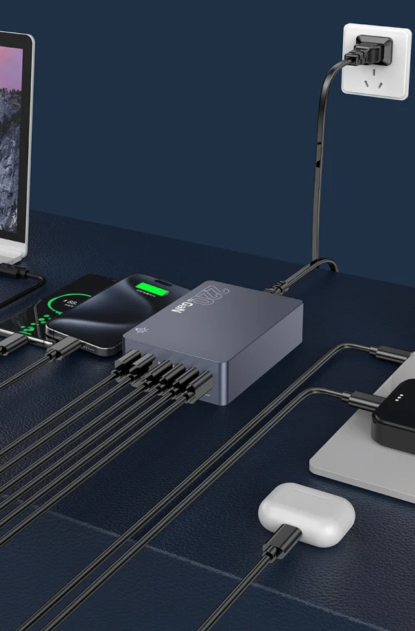 220W GaN 6-Port Desktop Charger – 4×USB-C PD + 2×USB-A | OEM Branding Available | Smart Power Allocation (US/UK/EU/AU Plugs)
