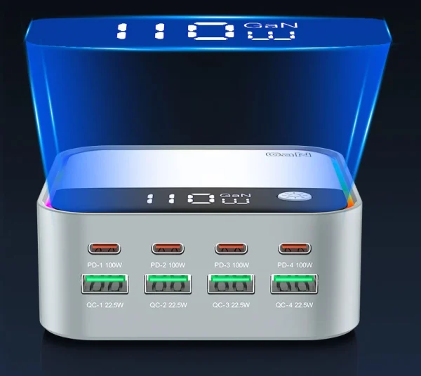 120W 8-Port Charger – 4×100W PD + 4×22.5W QC3.0 with digital display