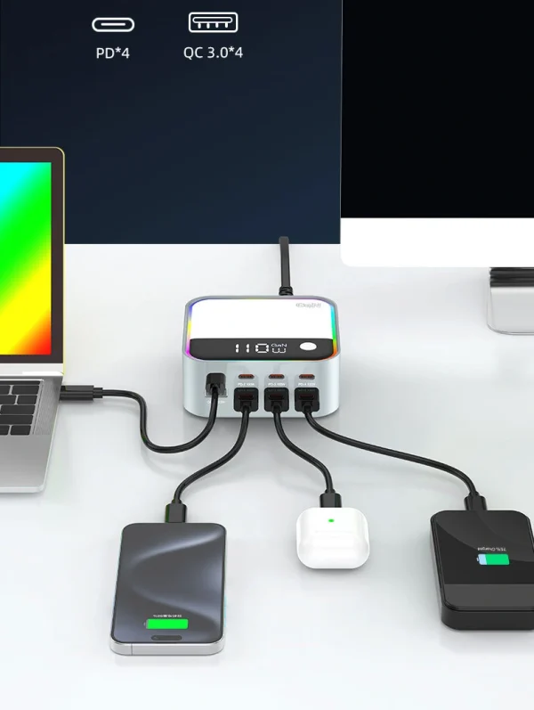 120W 8-Port Charger – 4×100W PD + 4×22.5W QC3.0 with digital display