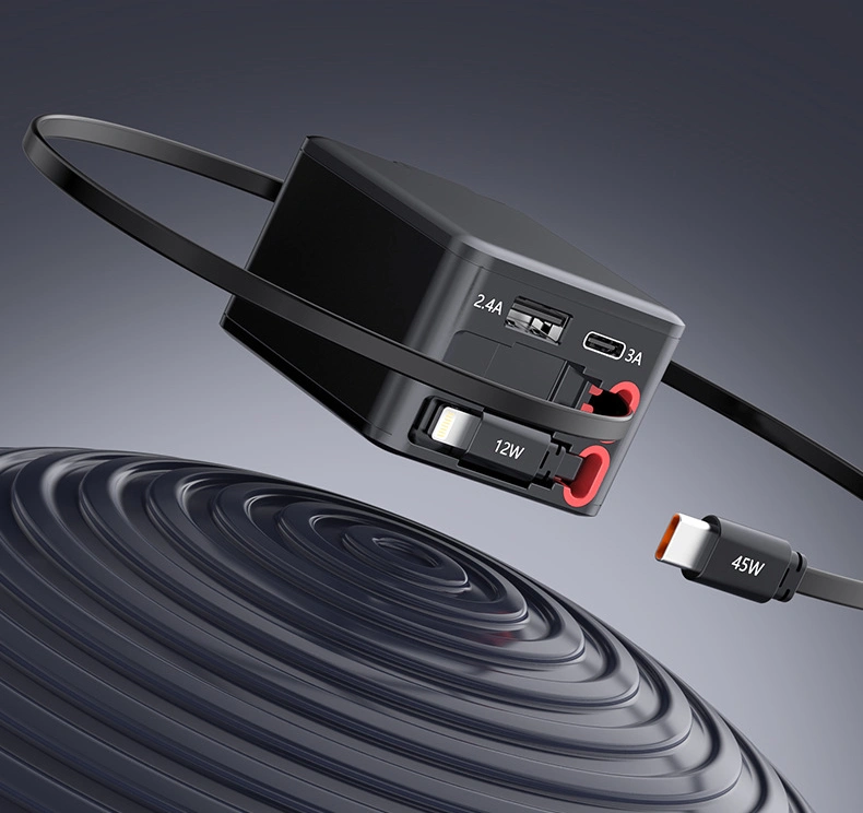 45W 4-in-1 retractable wall charger with built-in USB-C & Lightning cables. Features a foldable plug, 4 ports, and intelligent PD fast charging. Ideal for OEM/ODM bulk wholesale. Custom branding available from a leading manufacturer & supplier.