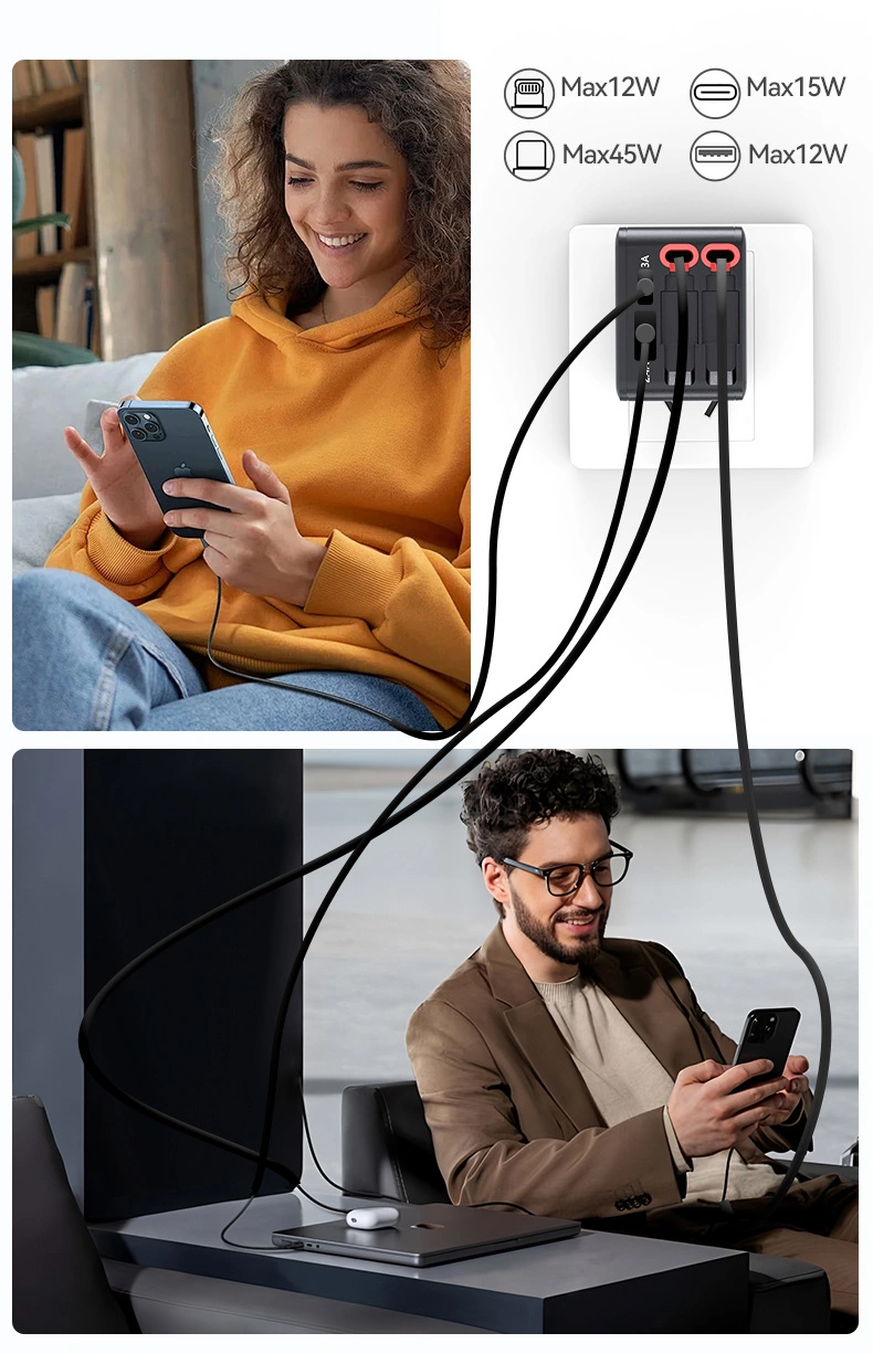 45W 4-in-1 retractable wall charger with built-in USB-C & Lightning cables. Features a foldable plug, 4 ports, and intelligent PD fast charging. Ideal for OEM/ODM bulk wholesale. Custom branding available from a leading manufacturer & supplier.