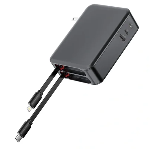 65W_Dual_retractable_wall_charger 65W 3-in-1 retractable wall charger with built-in USB-C & Lightning cables