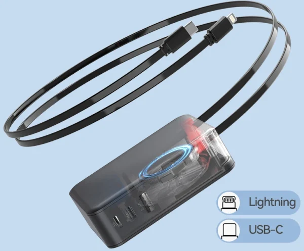 65W 3-in-1 retractable wall charger with built-in USB-C & Lightning cables.