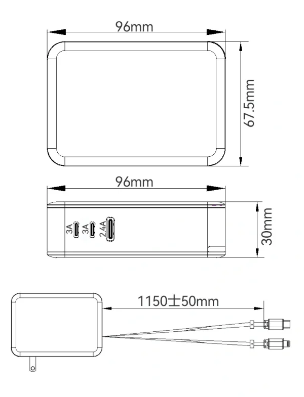 65W 3-in-1 retractable wall charger with built-in USB-C & Lightning cables.