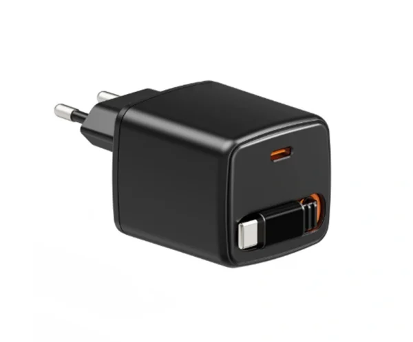 30W GaN Retractable Cable Charger – Dual USB-C (C+C) ports for fast charging two devices