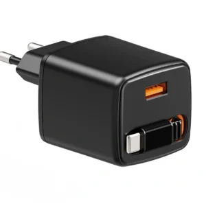 30W GaN Mini Retractable Cable Charger – Dual-port A+C design for simultaneous charging. Features a built-in 80cm magnetic retractable Type-C cable, compact size, global plugs