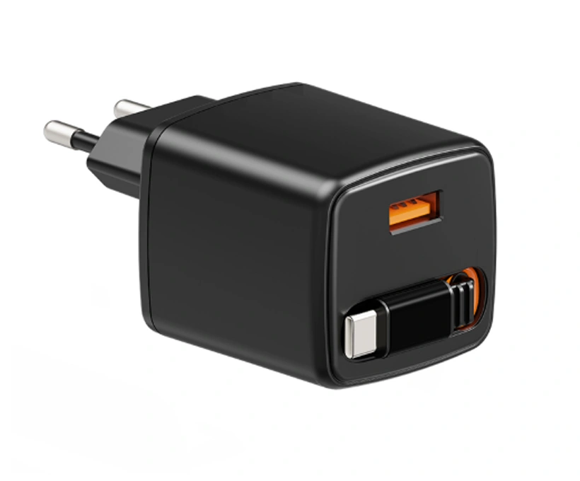 GaN_Retractable_Charger_103T 30W GaN Mini Retractable Cable Charger – Dual-port A+C design for simultaneous charging. Features a built-in 80cm magnetic retractable Type-C cable, compact size, global plugs