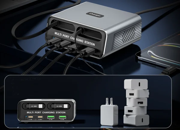100W dual retractable cables gan fast charger station China factory