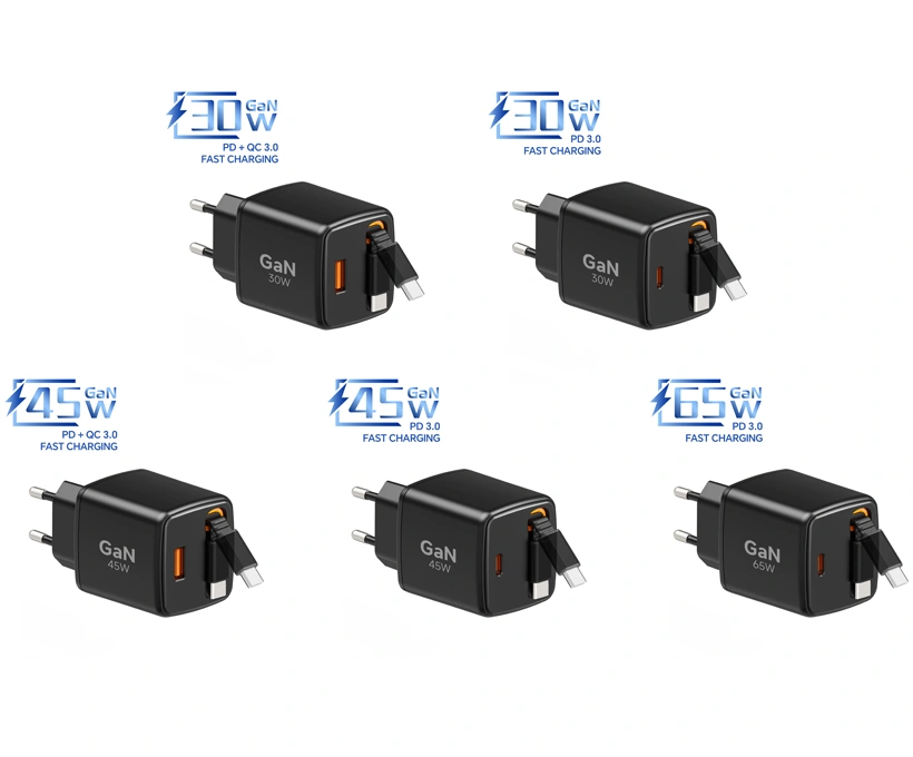 GaN chargers with retractable cable EU standard black color