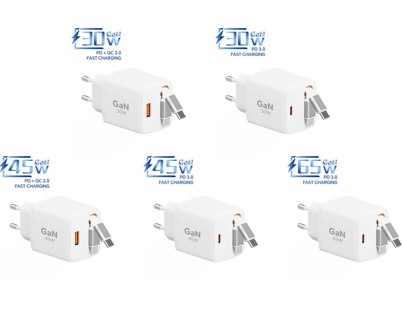 GaN chargers with retractable cable in compact size for travel