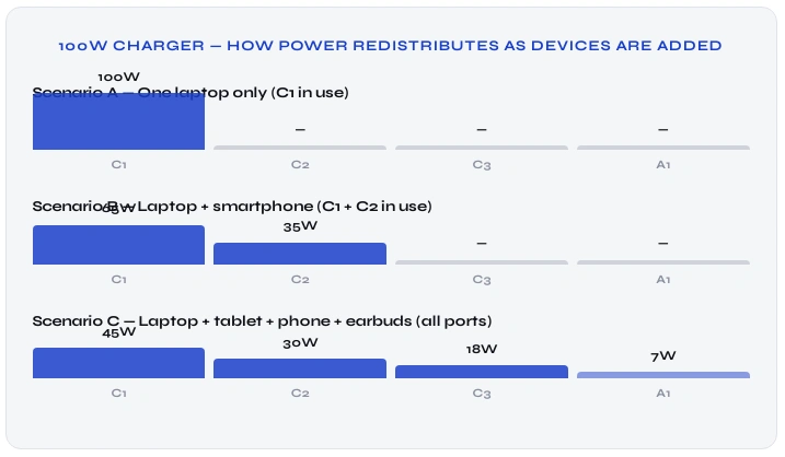 100W GaN Multi Ports Chargers Smart Power Distribution