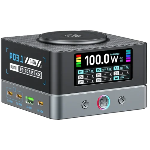 200W_MULTI_PORT_CHARGER_STATION 9-in-1 GaN desktop charger: 140W PD3.1 laptop port, 5 additional 100W USB-C ports, 2x 20W USB-A, and 15W magnetic wireless. Smart color display, real-time power monitoring, and 8 safety protections. Charge 9 devices at once – perfect for home, office, or travel.