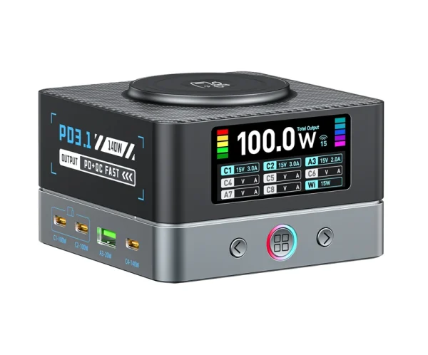200W_MULTI_PORT_CHARGER_STATION 9-in-1 GaN desktop charger: 140W PD3.1 laptop port, 5 additional 100W USB-C ports, 2x 20W USB-A, and 15W magnetic wireless. Smart color display, real-time power monitoring, and 8 safety protections. Charge 9 devices at once – perfect for home, office, or travel.