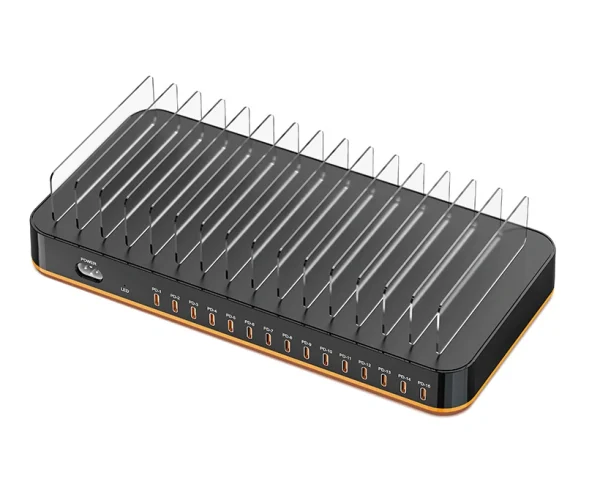 360W_15-port_USB-C_charger_station 360W 15-port USB-C charger: 15 independent PD ports each at 24W, AI temperature control, and 8 safety protections. Fast‑charge 15 iPhones, iPads, or Android devices simultaneously. Ideal for schools, offices, repair shops, or group travel. PD3.0 supported.
