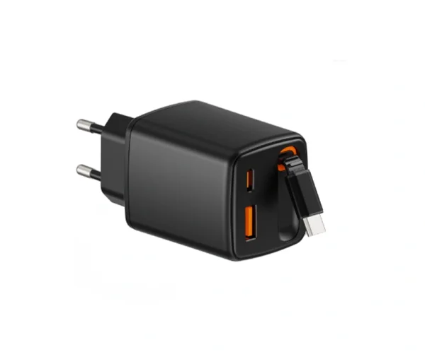 65W_3-port_retractable_cable_GaN_charger_black 65W 3-Port CCA Retractable Cable GaN Charger black color