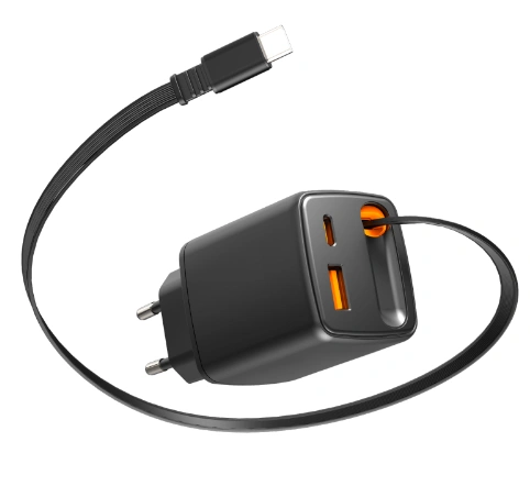 65W_3-port_retractable_cable_GaN_charger_black_OEM 65W 3-Port CCA Retractable Cable GaN Charger | OEM/ODM China Manufacturer