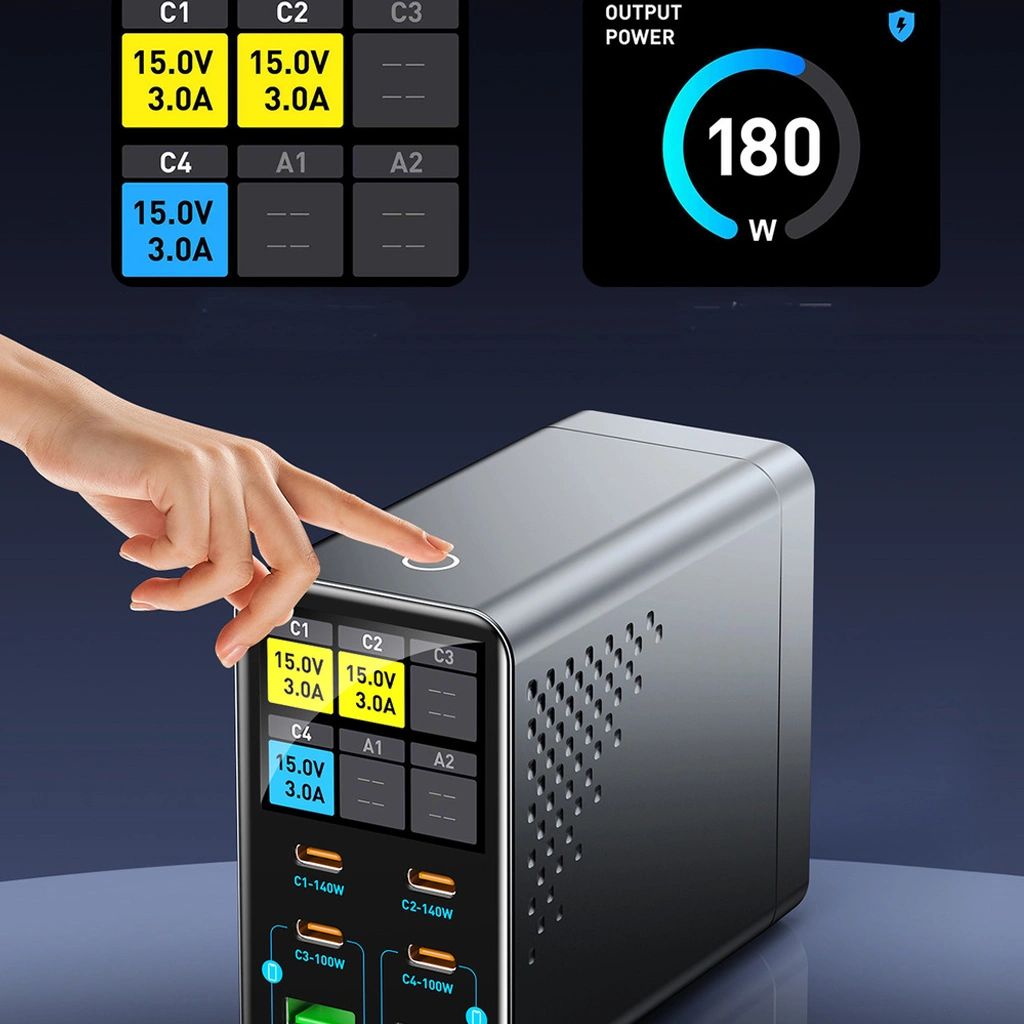 An HD colour screen shows real-time wattage and internal temperature, with a capacitive touch button to cycle between per-port detail and total-output views. Built on true USB PD 3.1 (28V/5A), it delivers 140W to a single port — enough to take a MacBook Pro 16" from empty to 50% in roughly 30 minutes.