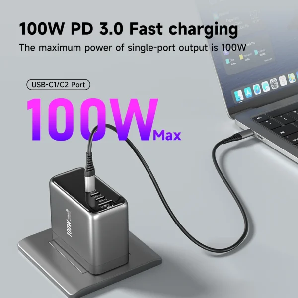 100W-4-Port-GaN-TFT-Charger 100W 4-Port GaN Fast Charger with TFT Display – 3 USB-C + 1 USB-A, PD3.0/QC3.0, Real-Time Power Monitor
