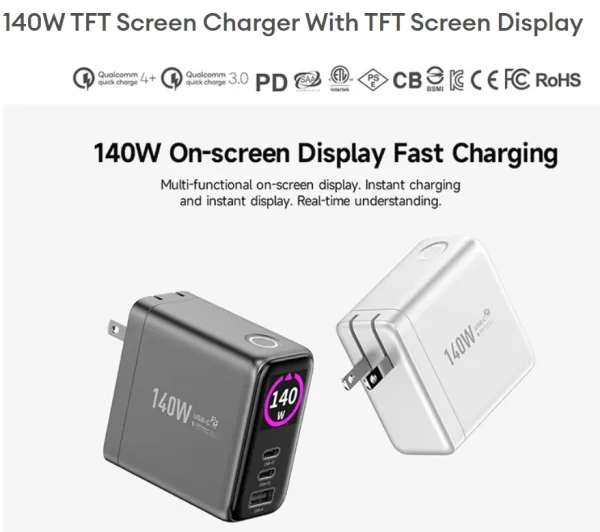 140W-GaN-TFT-Display-Charger-OEM 140W GaN TFT Display Charger – 2C1A Fast Wall Charger with Folding Plug | OEM/ODM