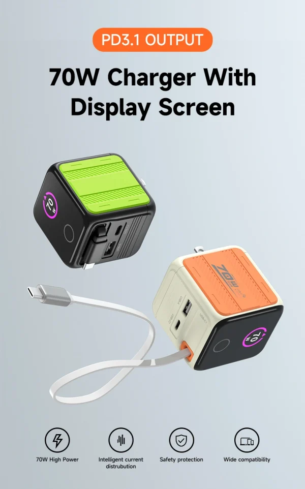 70W GaN wall charger with smart TFT display (power/temperature/time)