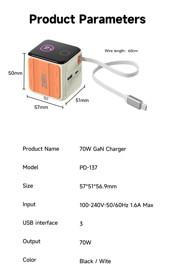 70W GaN wall charger with smart TFT display (power/temperature/time)