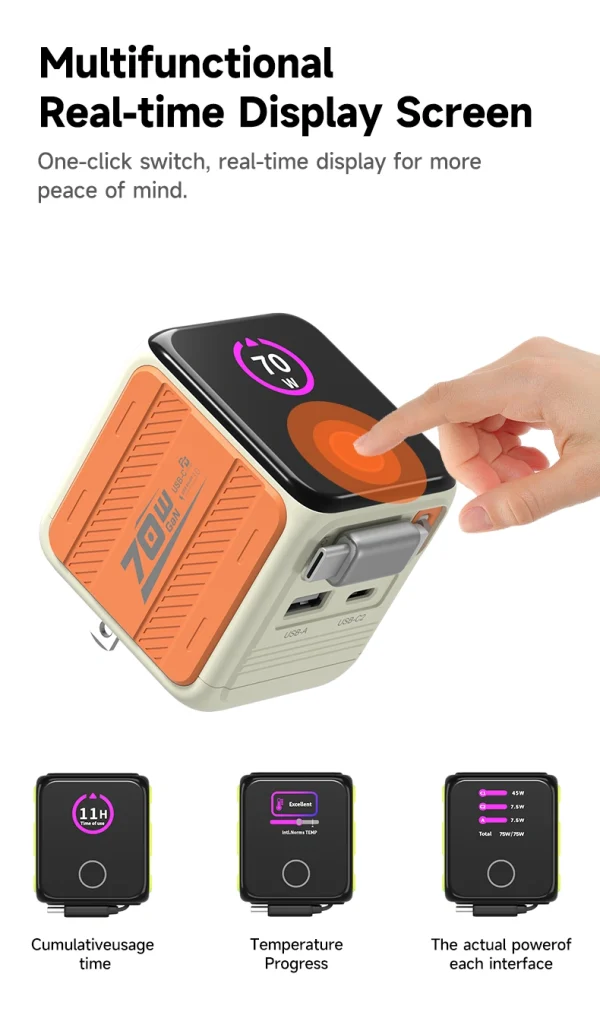70W GaN Wall Charger with TFT Display Retractable Cable – 2 USB-C + 1 USB-A, PD3.1, Real-Time Voltage/Current/Power Monitor