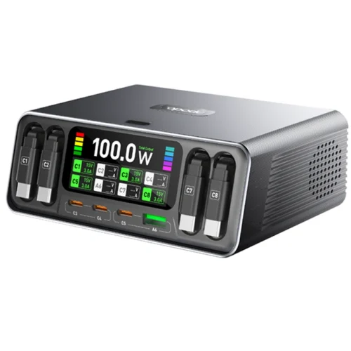 8-port GaN desktop charger with 4 retractable USB-C cables, 140W PD3.1 output, smart TFT display