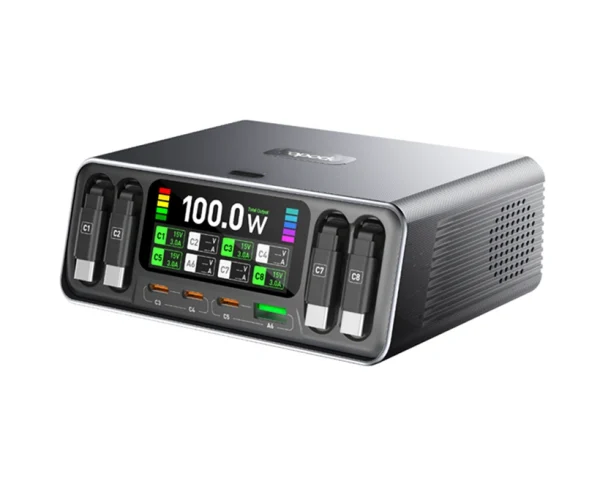 8-port GaN desktop charger with 4 retractable USB-C cables, 140W PD3.1 output, smart TFT display