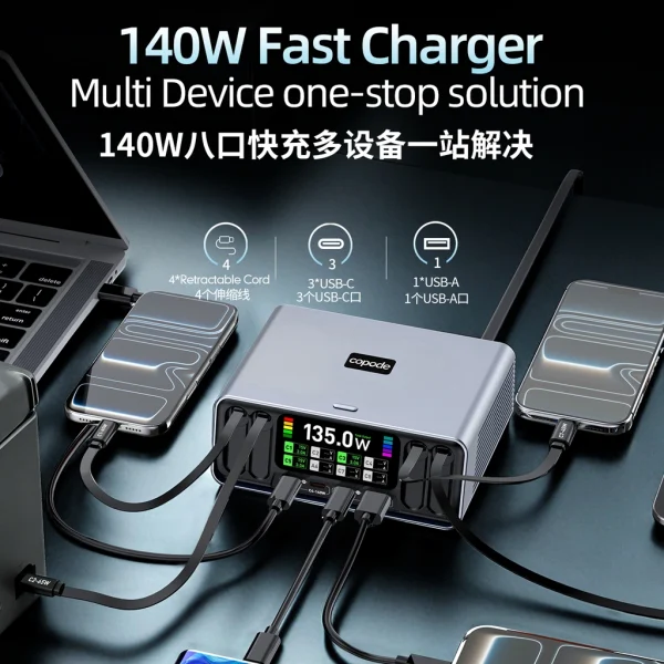8-Port Desktop Fast Charger – 140W GaN Multi-Device Charging Station with Retractable Cables & TFT Display OEM/ODM Manufacturer