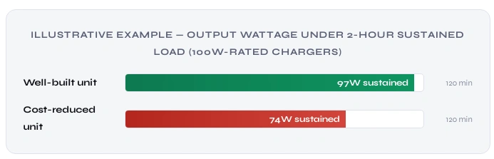 ILLUSTRATIVE EXAMPLE — OUTPUT WATTAGE UNDER 2-HOUR SUSTAINED LOAD (100W-RATED CHARGERS)